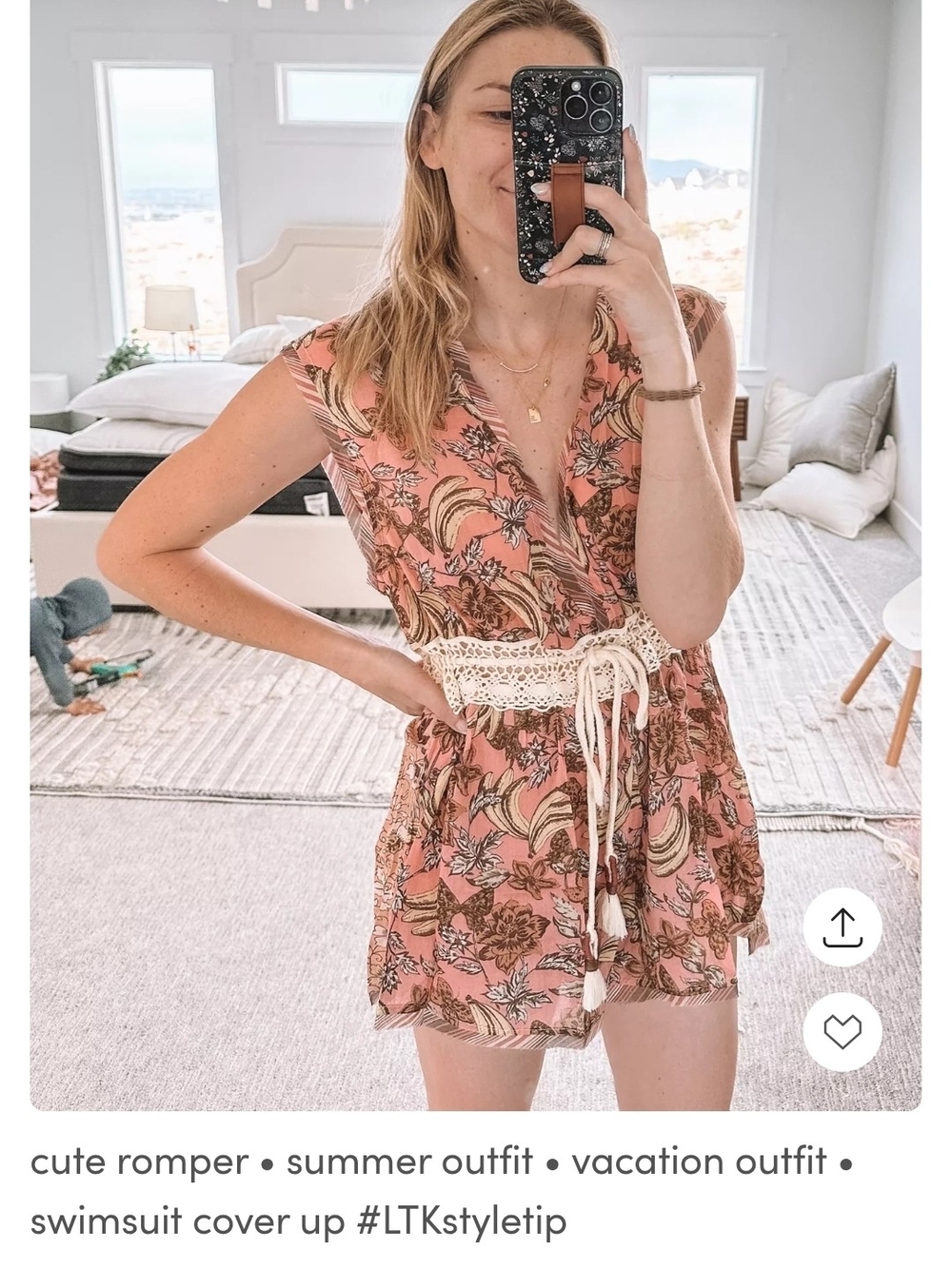 Free People Peach Floral Romper with Crochet Tie Belt